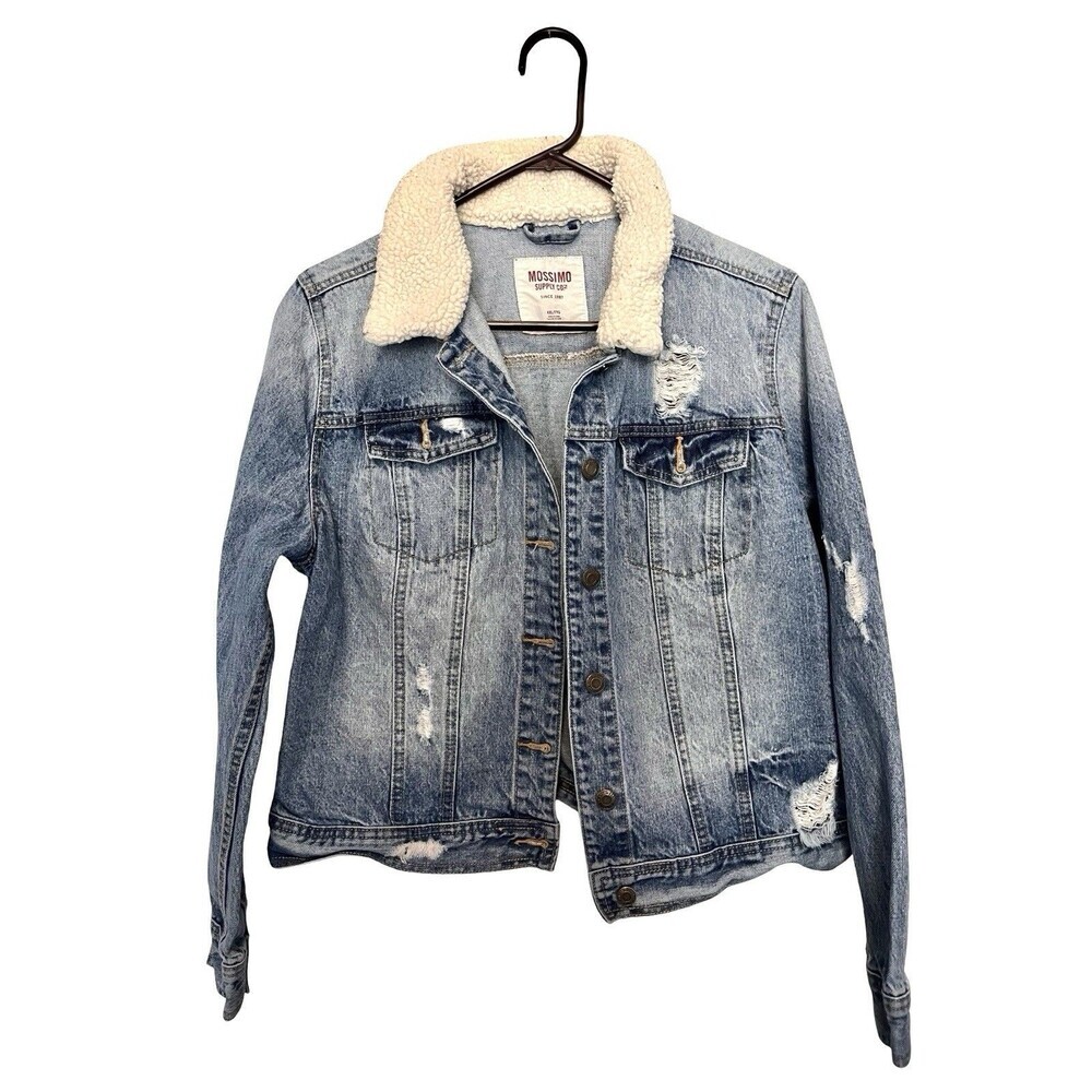 Mossimo XXL Sherpa Collar Distressed Denim Jacket Women’s Trucker Blue Jean Coat